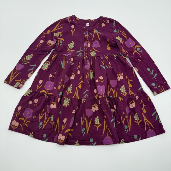 Tea Collection Girls Tiered Henley Dress 5 Purple Floral 100% Cotton EUC - Picture 1 of 8